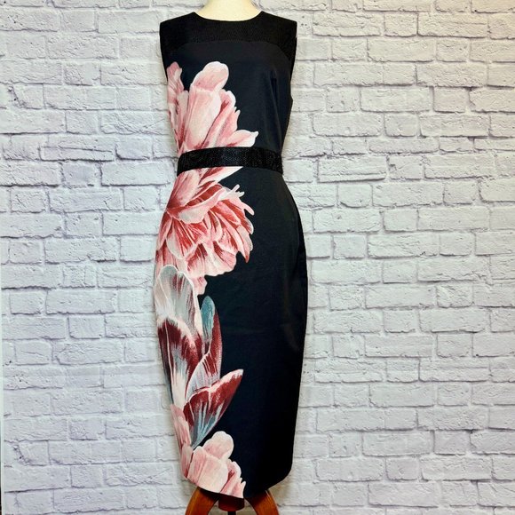 Ted Baker Black Floral Pencil Midi Dress